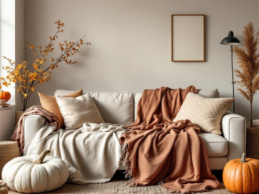 A cozy living room with warm textiles and layered throws, featuring a sofa adorned with blankets and pillows, and autumn decorations.