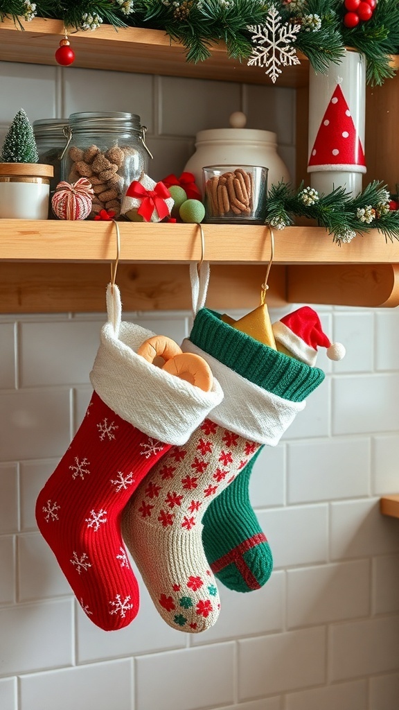 Three colorful Christmas stockings hanging on a wooden shelf decorated with holiday items.
