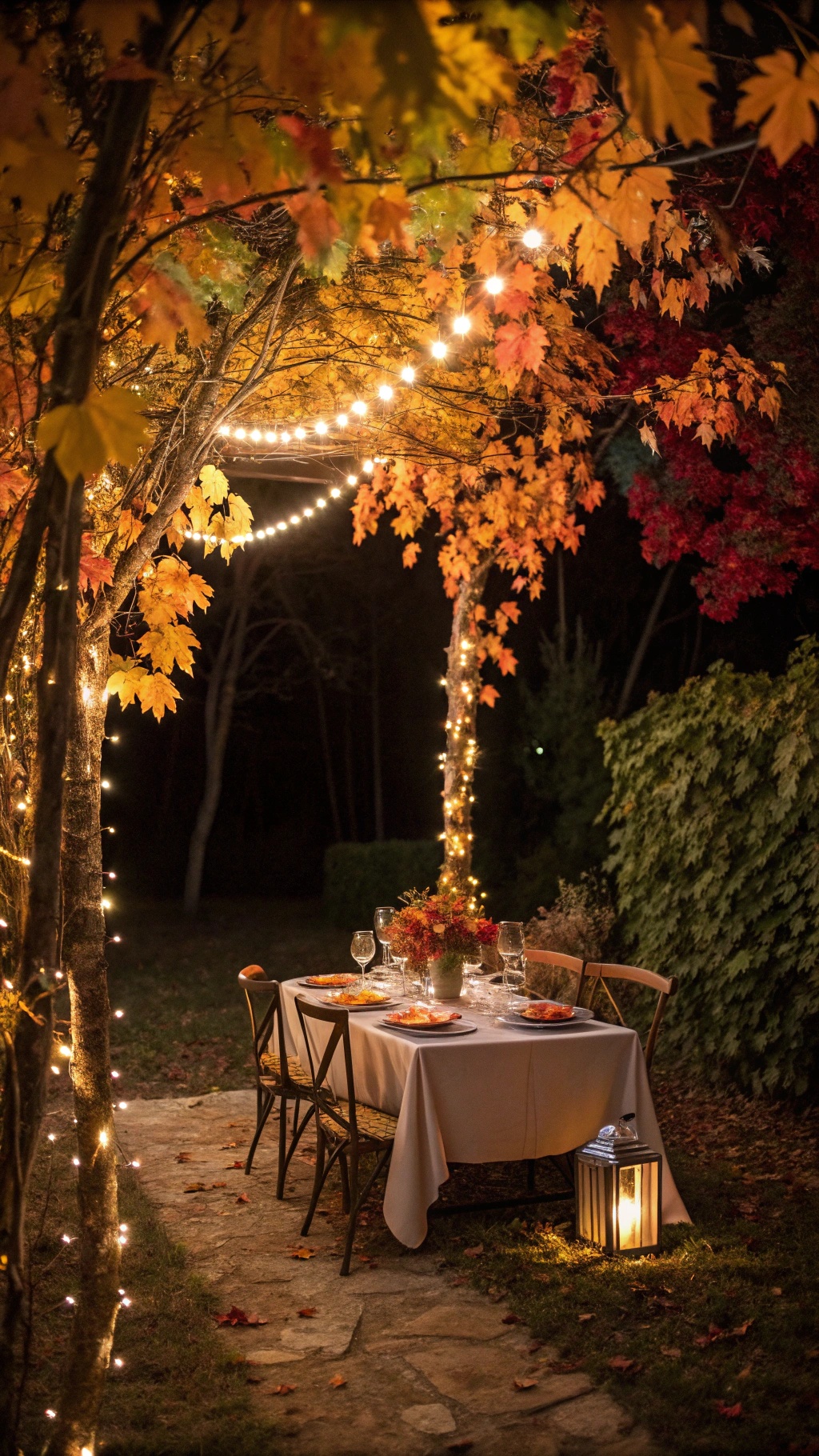 A beautifully set Thanksgiving table with fairy lights and autumn leaves.