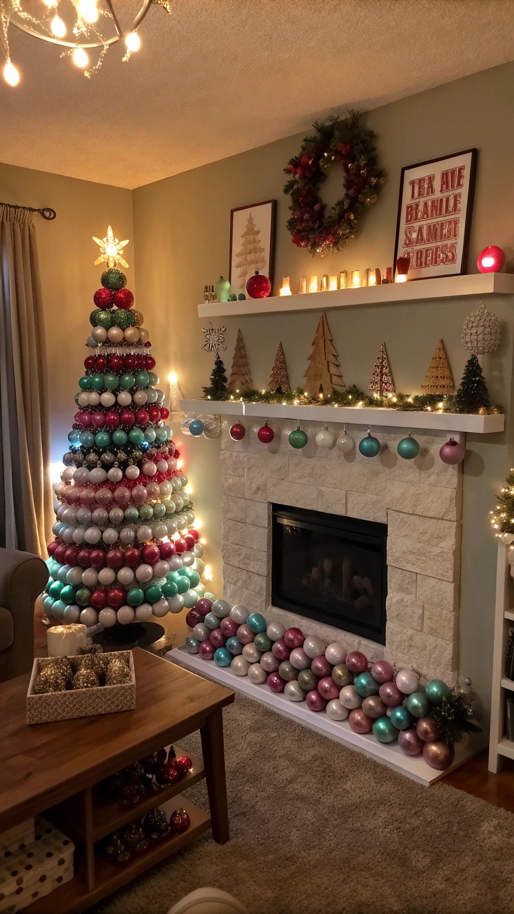 A cozy living room decorated for Christmas with a colorful ornament tree and festive decor.