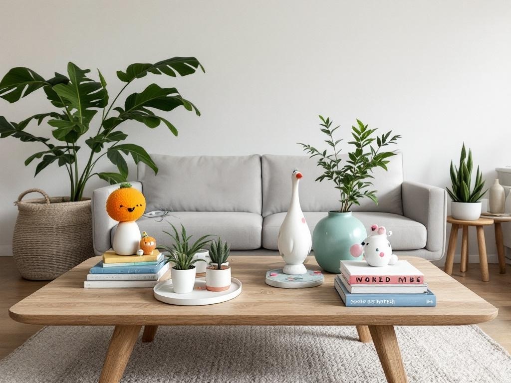 A coffee table styled with playful accessories including colorful figurines, books, and plants.
