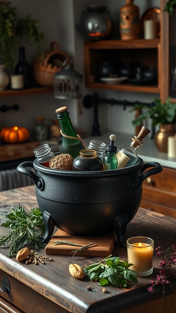 A black cauldron filled with potion bottles and herbs on a wooden kitchen table.