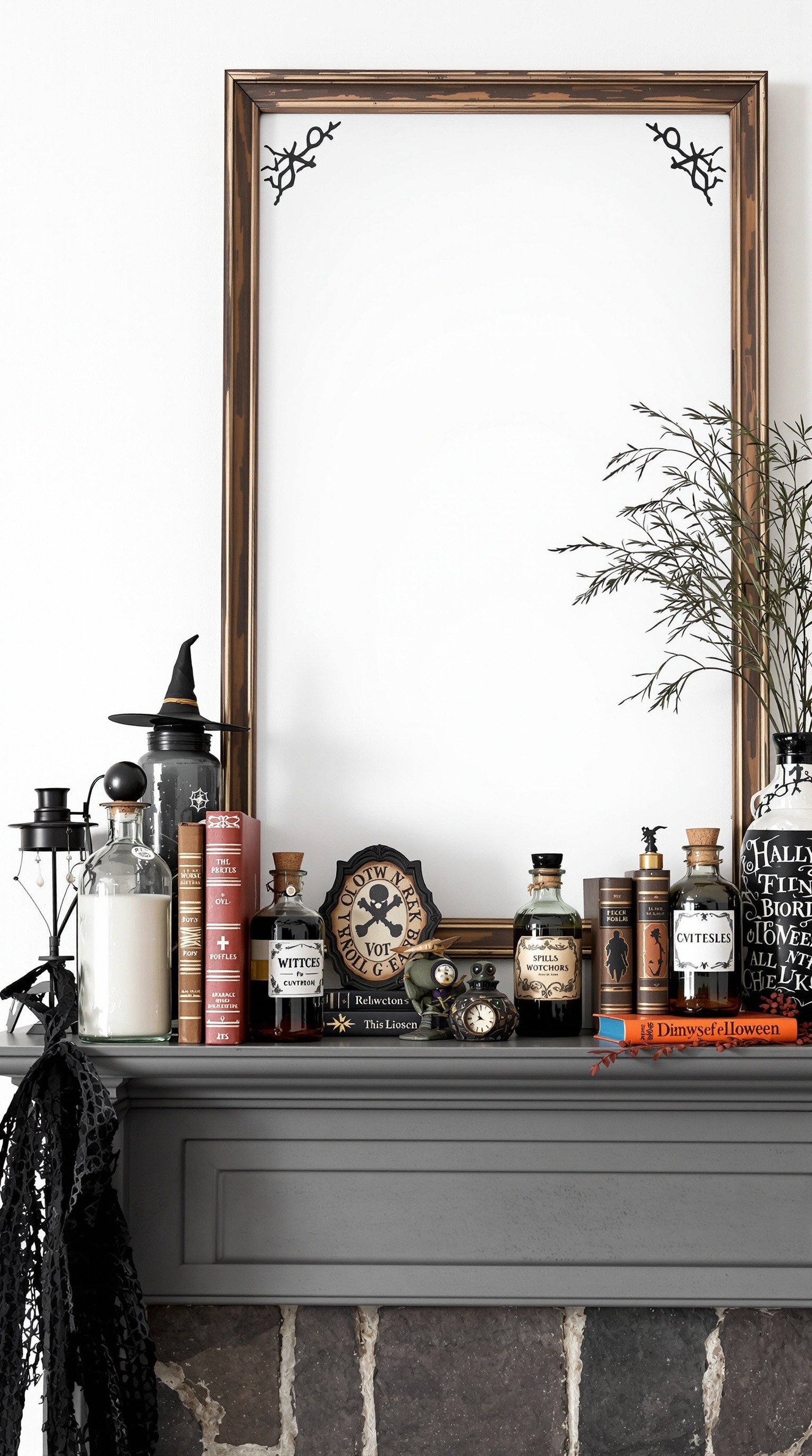 A Halloween mantel decorated with potion bottles, spell books, and a witch hat, creating a magical atmosphere.