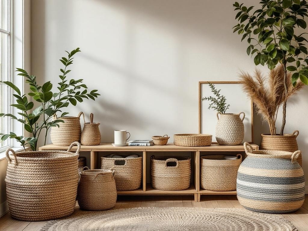 A cozy living room featuring various woven baskets for storage, plants, and a wooden shelf.