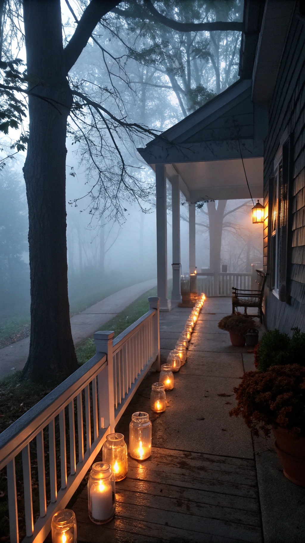 A foggy porch with candles in jars creating a spooky atmosphere for Halloween.