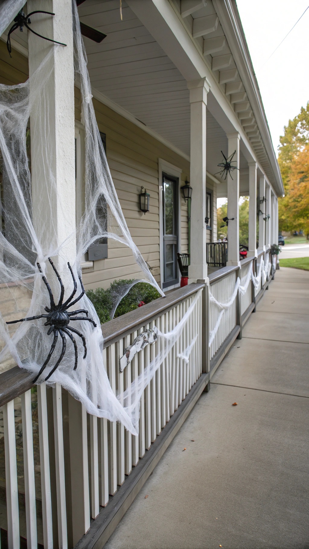 A porch decorated with creepy spider webs and plastic spiders for Halloween.