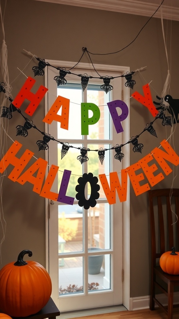 Colorful DIY Halloween banner with pumpkins and spider web decorations