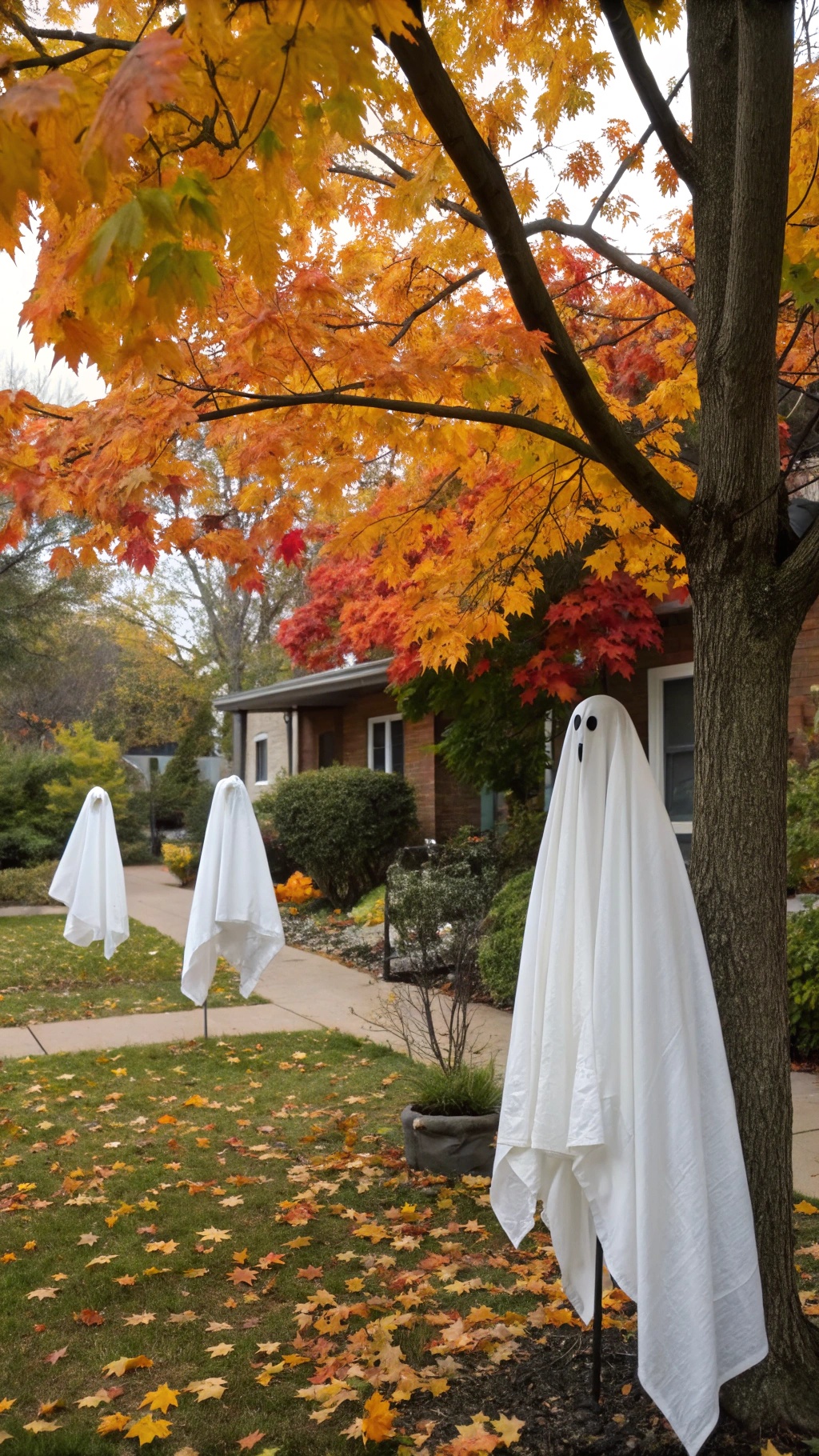 Three ghost figures made from white sheets in a yard with colorful autumn leaves.