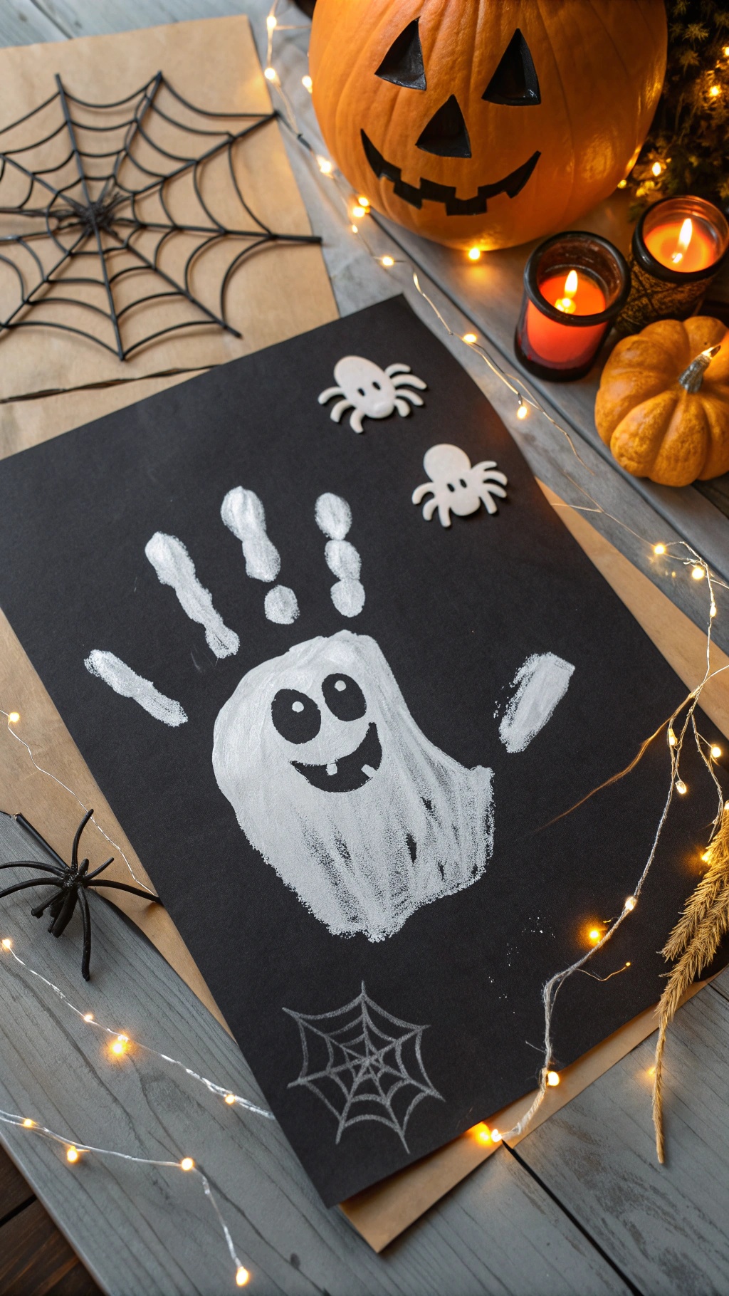 A Halloween-themed art project featuring a ghost made from a handprint on black paper, surrounded by decorations like spiders, pumpkins, and lights.