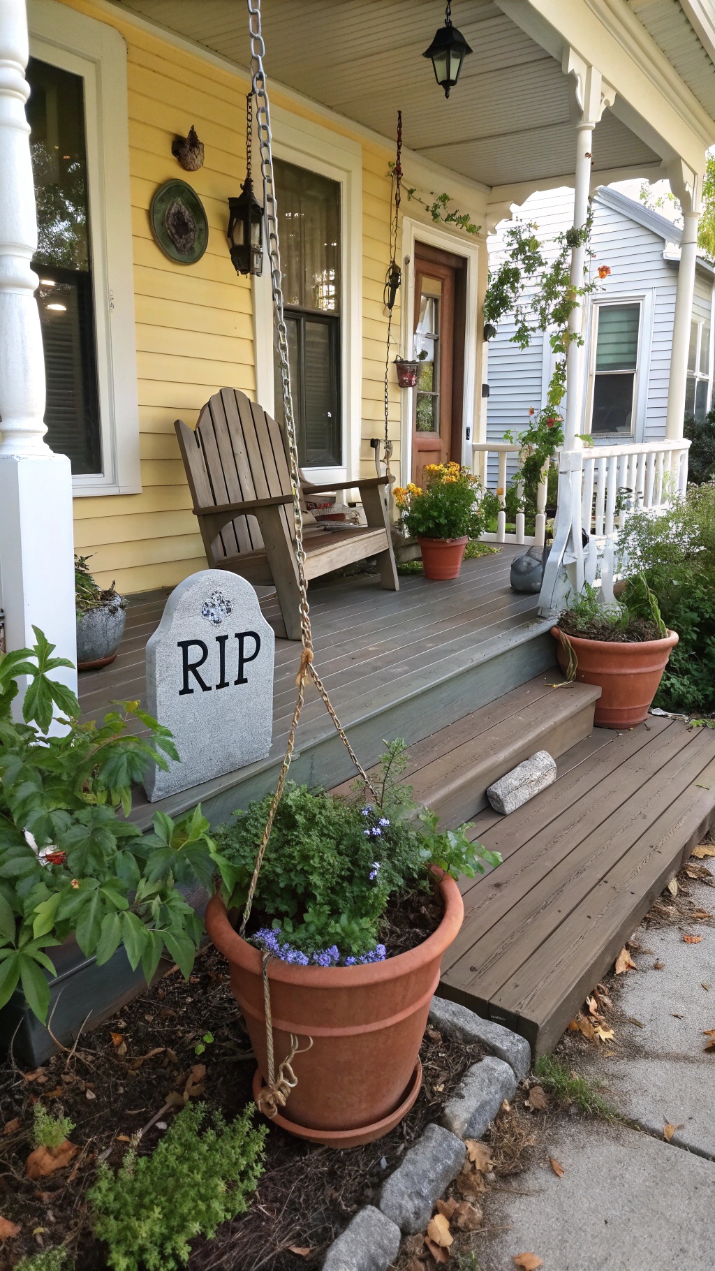 A Halloween porch decorated as a graveyard scene with tombstones, a skeleton, and glowing lights.