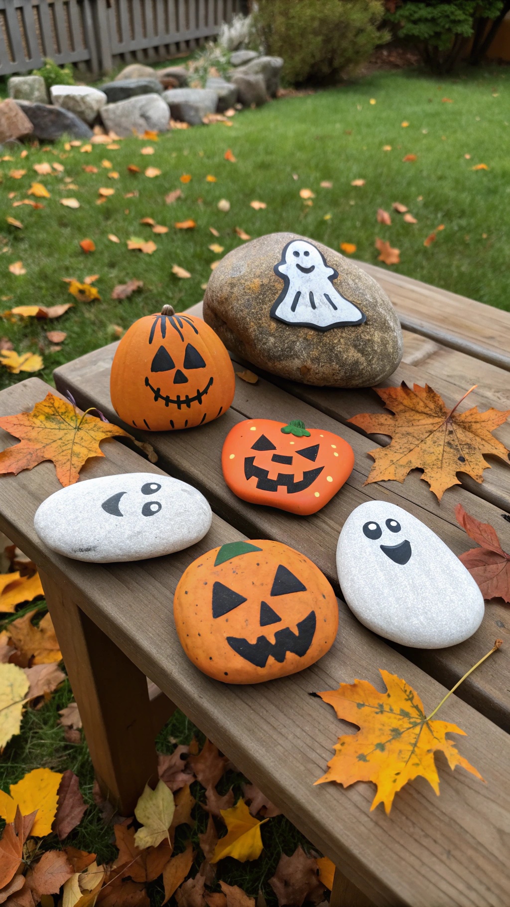 A collection of Halloween-themed painted rocks featuring pumpkins and ghosts, surrounded by autumn leaves.
