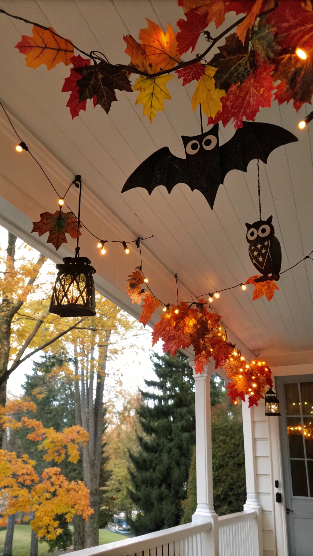 A decorated porch with hanging bats and pumpkins, showcasing Halloween spirit.