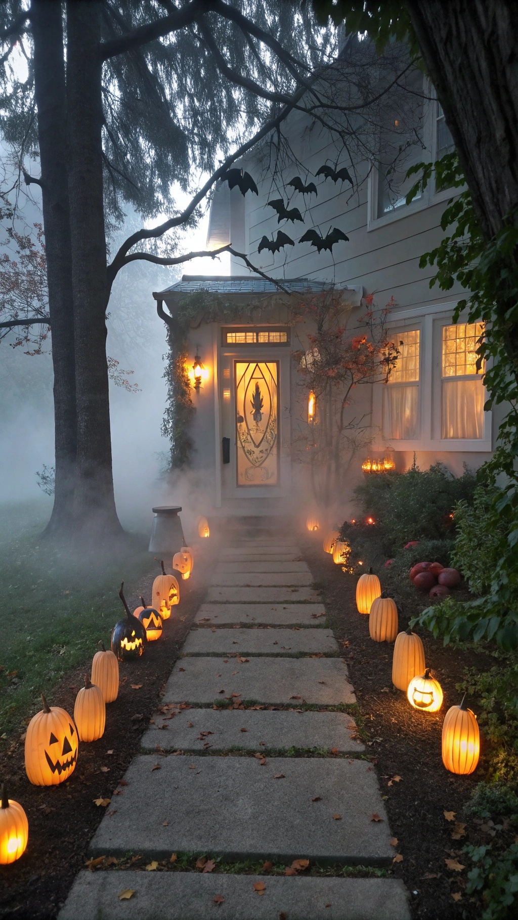 A spooky Halloween pathway lined with glowing pumpkins and lanterns, surrounded by mist.