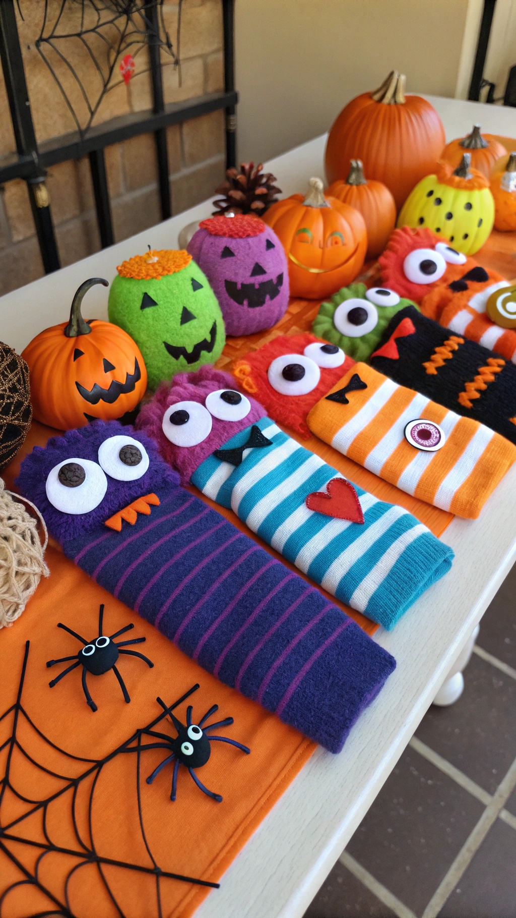Colorful monster sock puppets displayed on a table with Halloween decorations