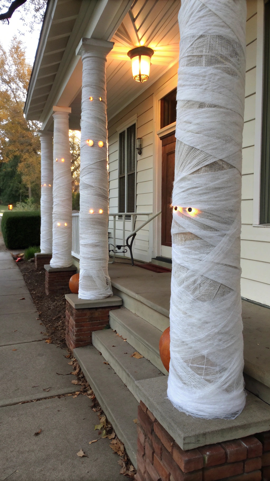 Porch with mummy-wrapped pillars and glowing eyes