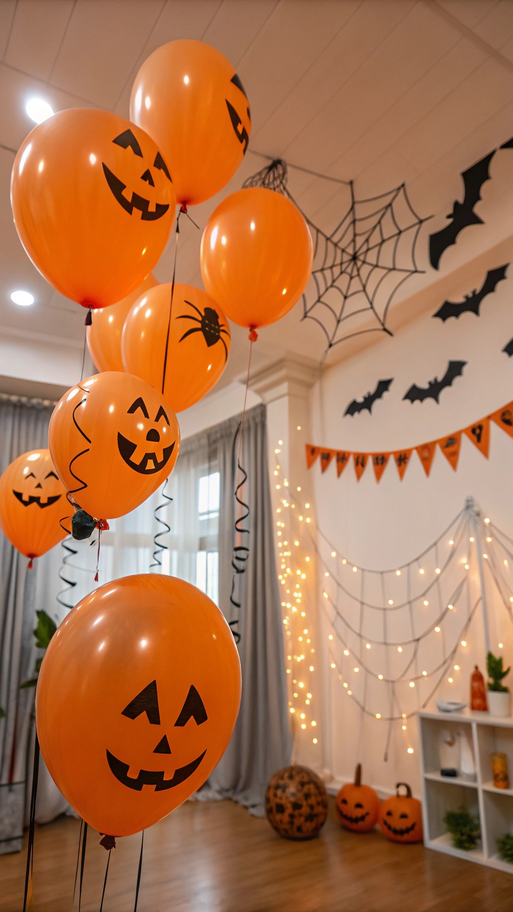 A room decorated with orange pumpkin balloons and a Halloween banner.