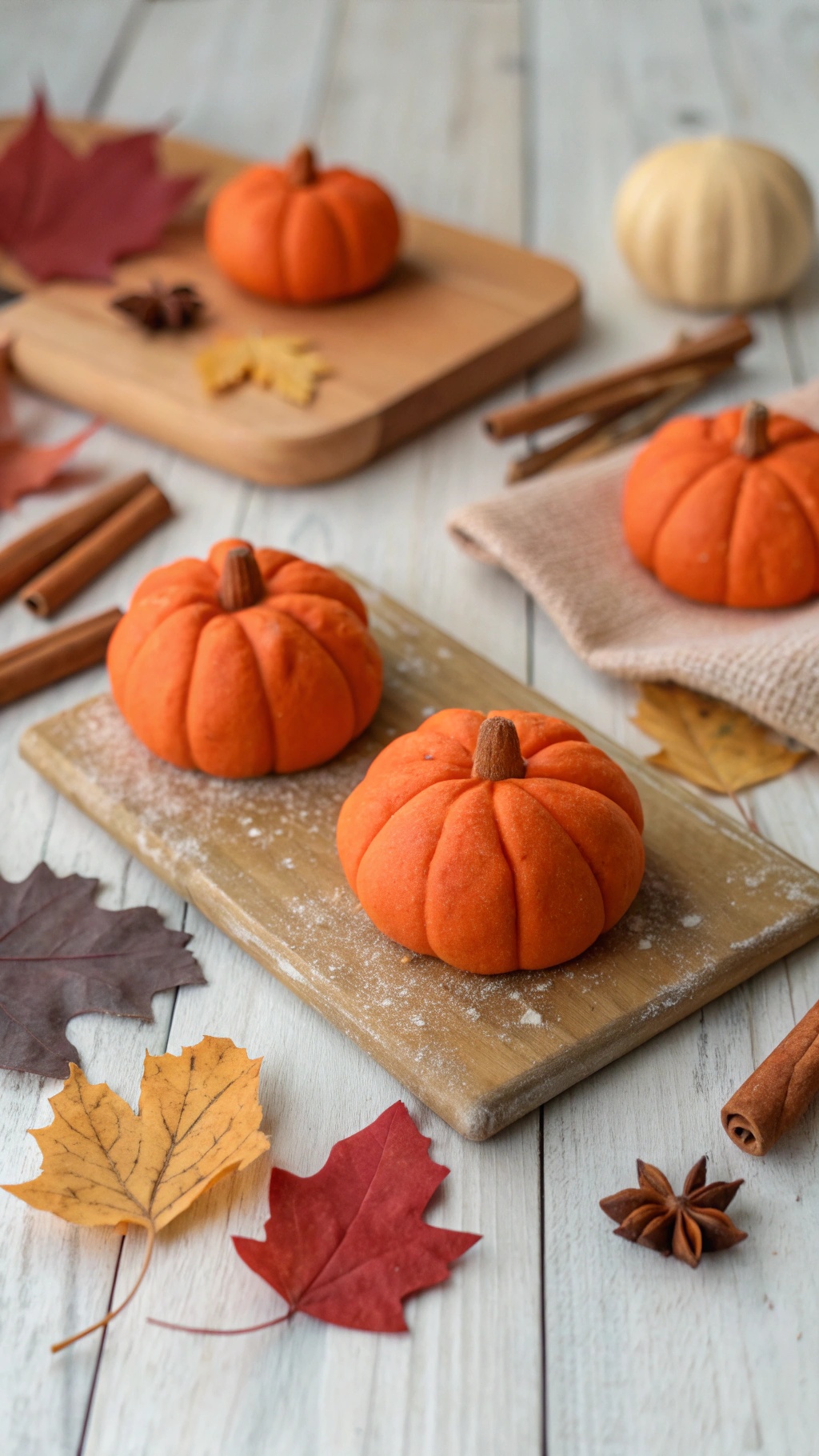Bright orange playdough shaped like pumpkins on a wooden board, surrounded by autumn leaves and spices.