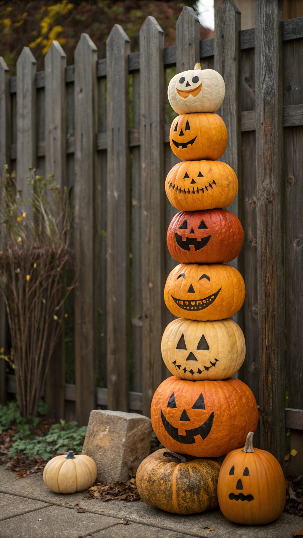 A stack of pumpkins with various carved faces, set against a wooden fence.