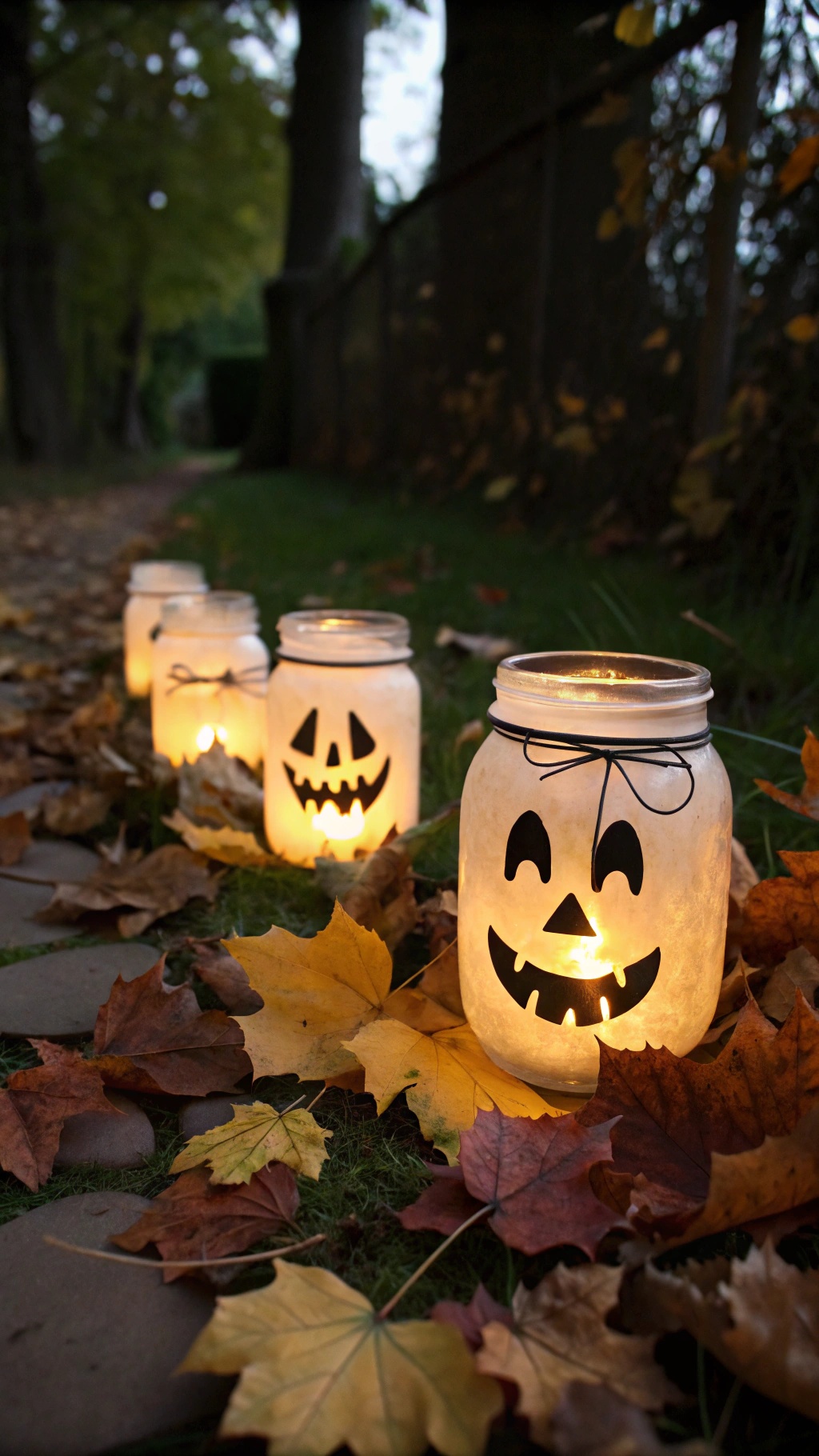 Mason jars with Halloween faces glowing in the dark, surrounded by autumn leaves.