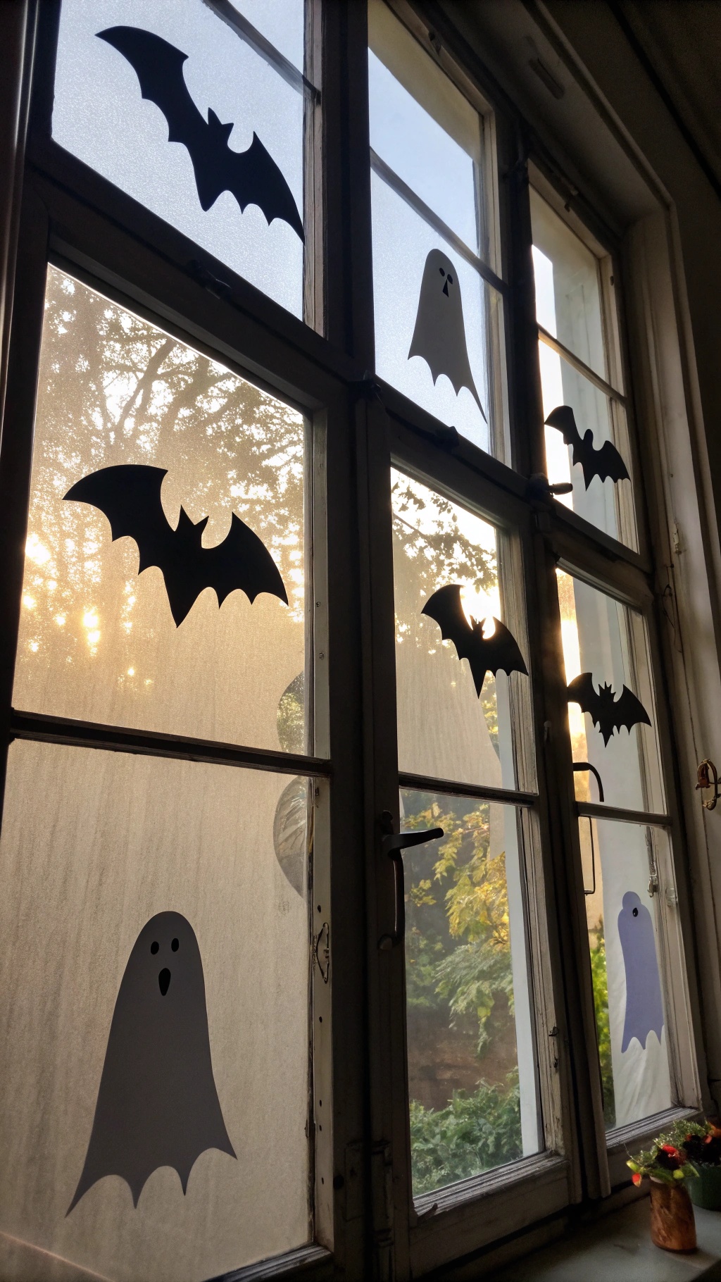 Window decorated with black bat and white ghost silhouettes, illuminated by sunlight