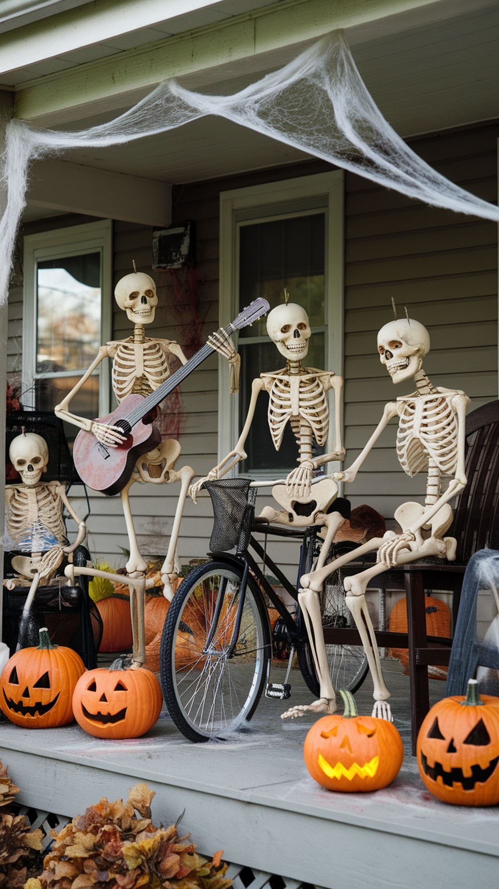 Two skeletons sitting on a porch railing with pumpkins and cobwebs around.