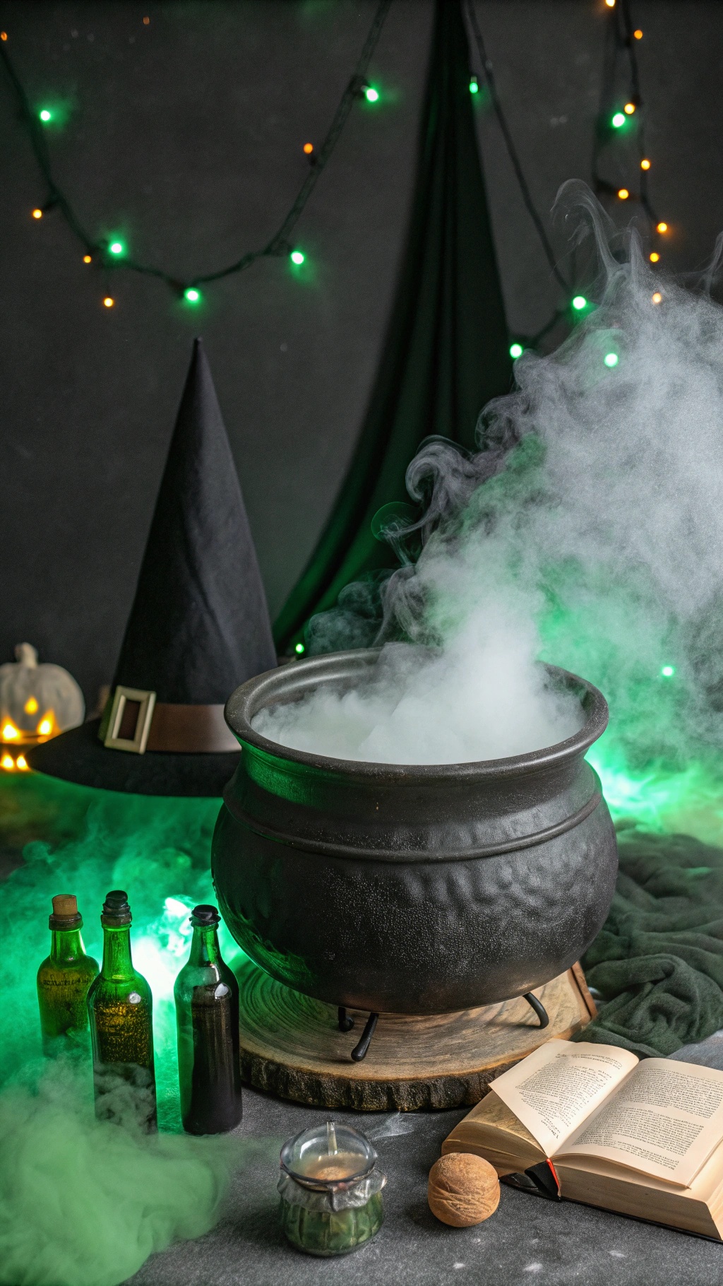 A witch's cauldron with green smoke, surrounded by potion bottles, a candle, and a spellbook, creating a spooky Halloween atmosphere.