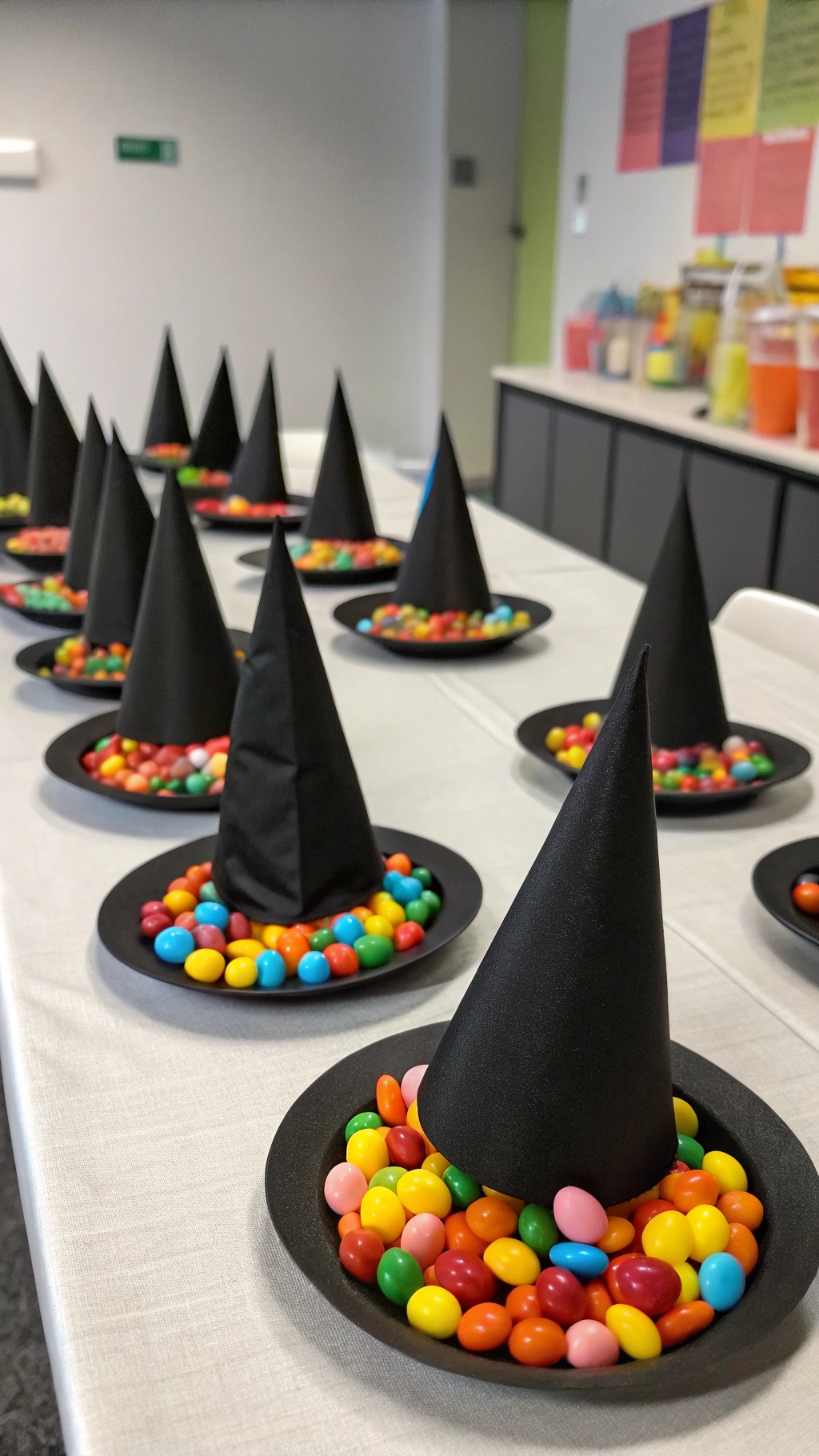 Table with witch's hat treat holders filled with colorful candies.
