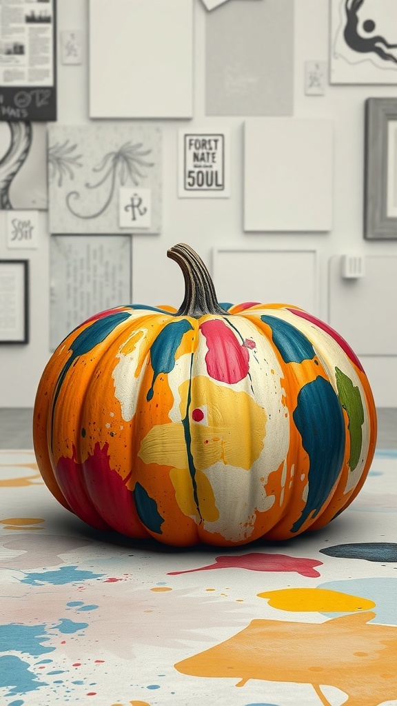 A colorful abstract art pumpkin with splashes of paint on a light background.