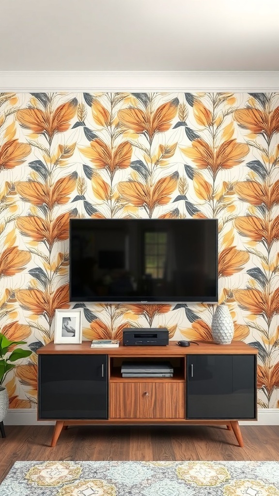 A living room with a TV on an accent wall featuring bold floral wallpaper.