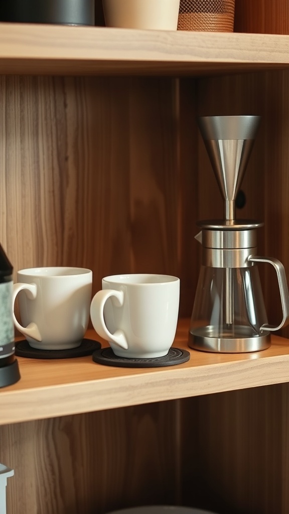 Estantería con tazas blancas y un dispositivo de café en un ambiente acogedor.