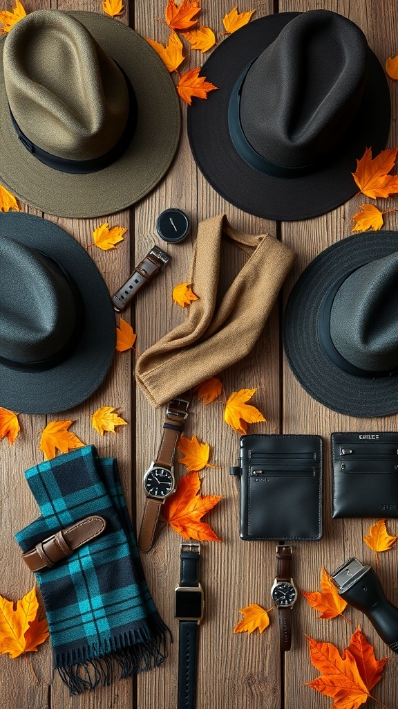 A collection of men's fall accessories including hats, scarves, watches, and wallets, arranged with autumn leaves.