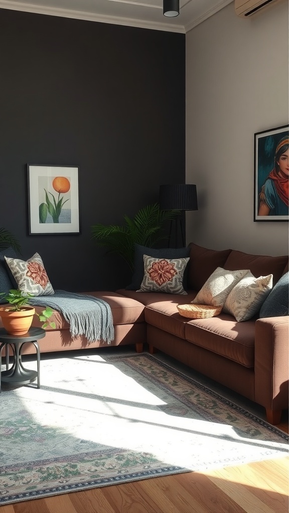 Cozy sectional living room with artwork and accessories.