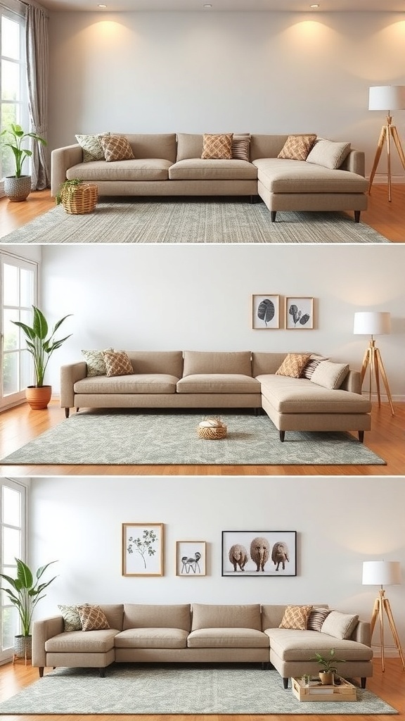 A living room showcasing different sectional layouts to illustrate adaptability in various room sizes.