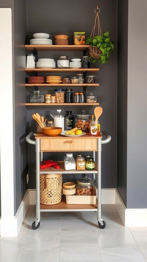 Compact rolling cart in a small corner pantry, filled with jars, utensils, and fresh produce.