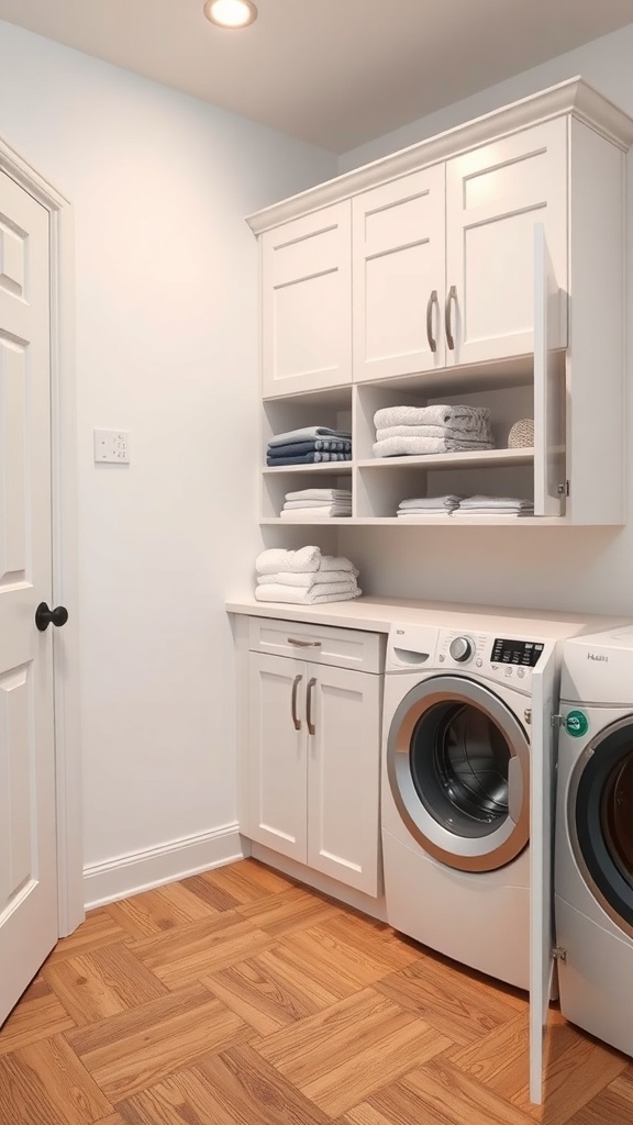 A modern laundry room featuring a folding station with built-in cabinets, neatly organized towels, and a washing machine.