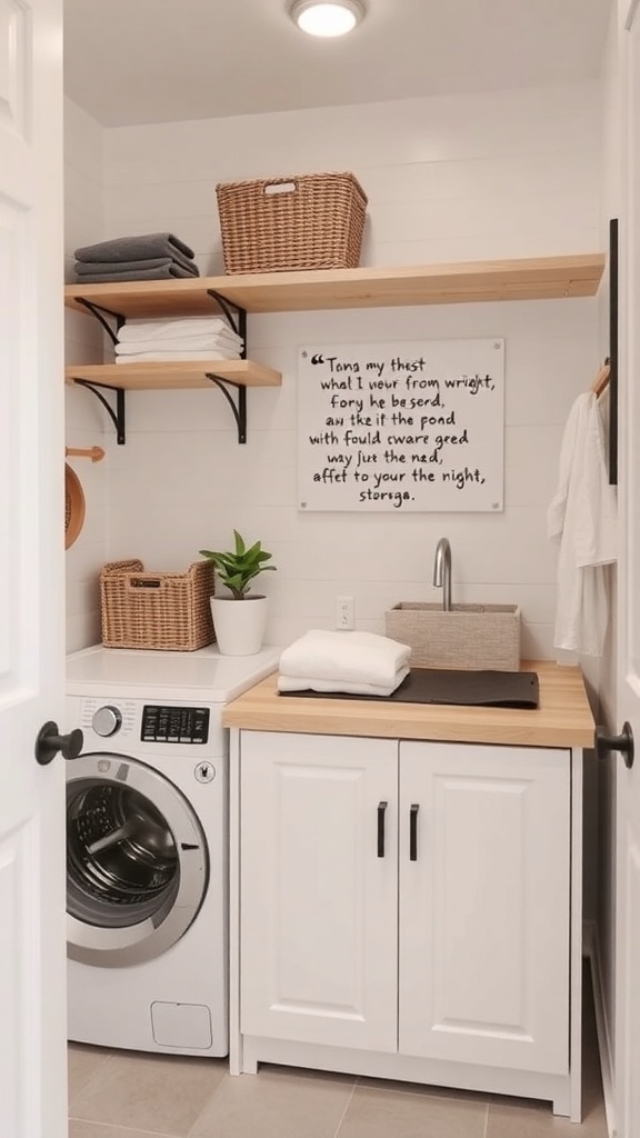 A small laundry room featuring a folding station with wooden countertop, open shelves with towels and a basket, and a washing machine.