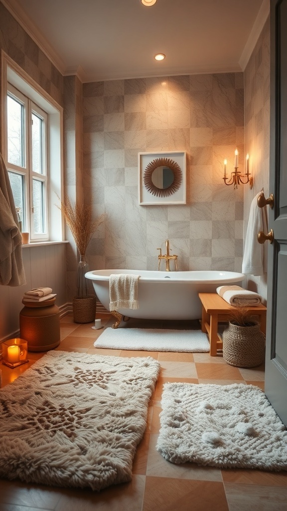 A cozy bathroom featuring a freestanding tub, warm lighting, and plush rugs on the floor.