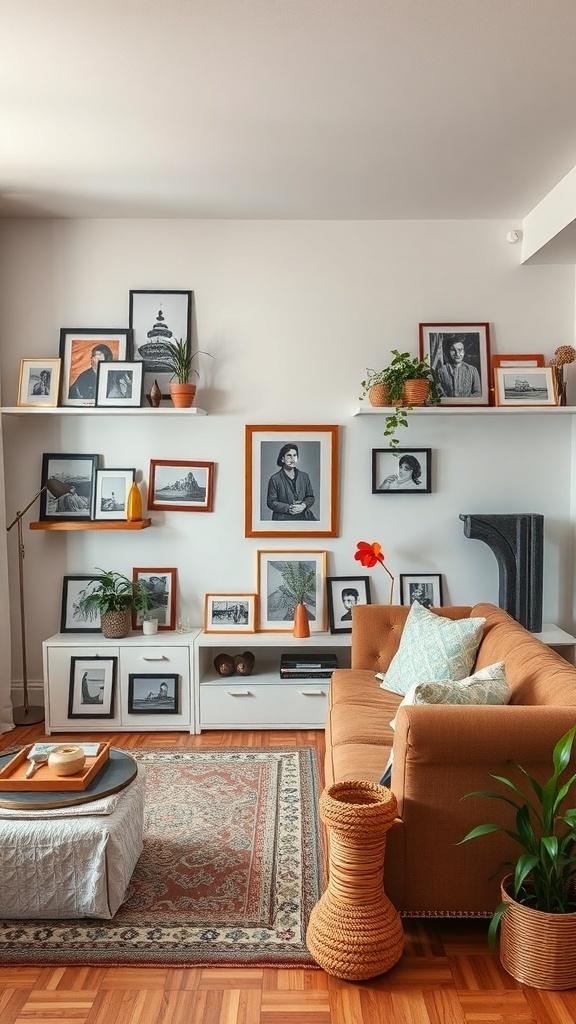 A cozy small living room with a sofa, a coffee table, decorative plants, and framed photos on the wall.