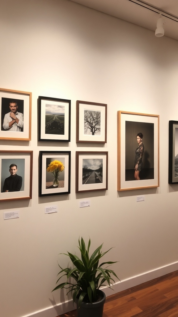 A gallery wall featuring various framed photos and a plant at the base.