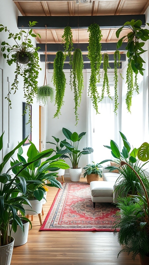 A bright and airy living room filled with lush green plants and a cozy seating area.