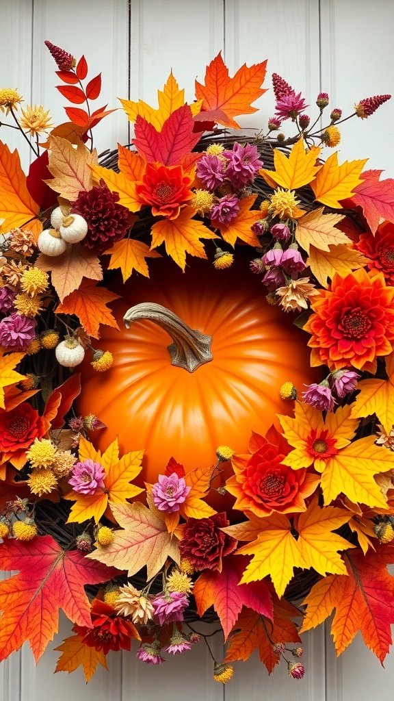 A vibrant wreath with an orange pumpkin at the center, surrounded by colorful fall leaves and flowers.