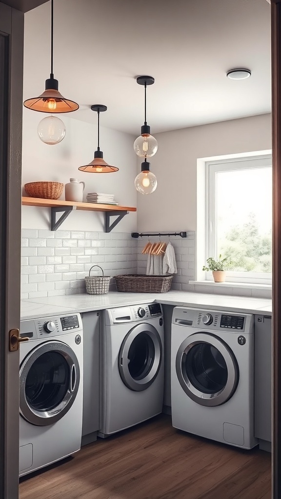 Stylish laundry room with pendant lighting fixtures