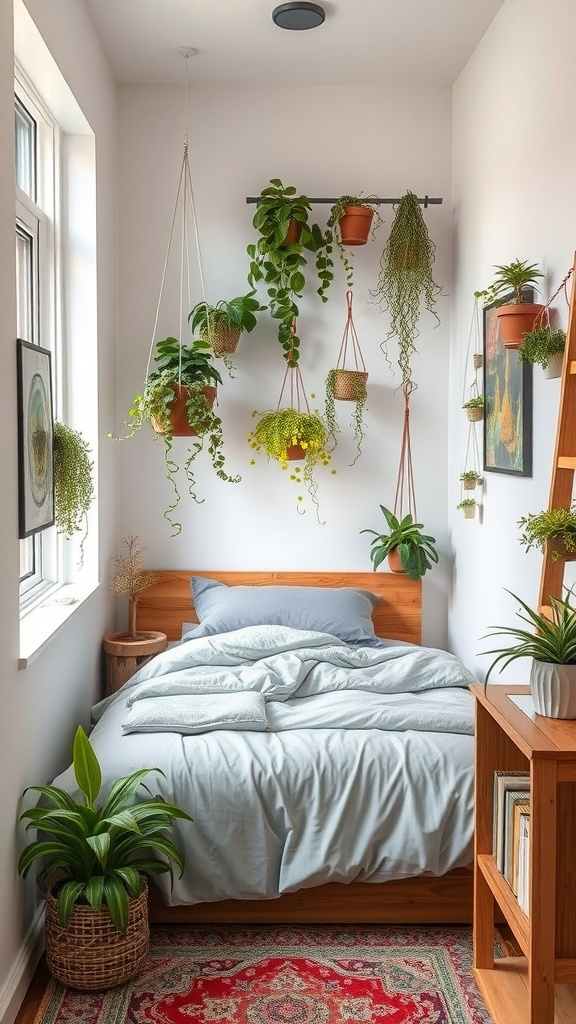 A small bedroom featuring a bed with light bedding, surrounded by various hanging and floor plants.
