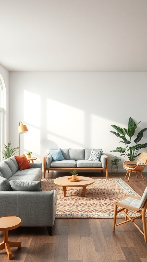 Living room with a mixture of gray sofas, wooden furniture and plants.