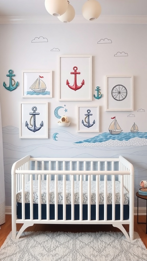 Nautical-themed wall art in a nursery featuring anchors, sailboats, and a ship's wheel.