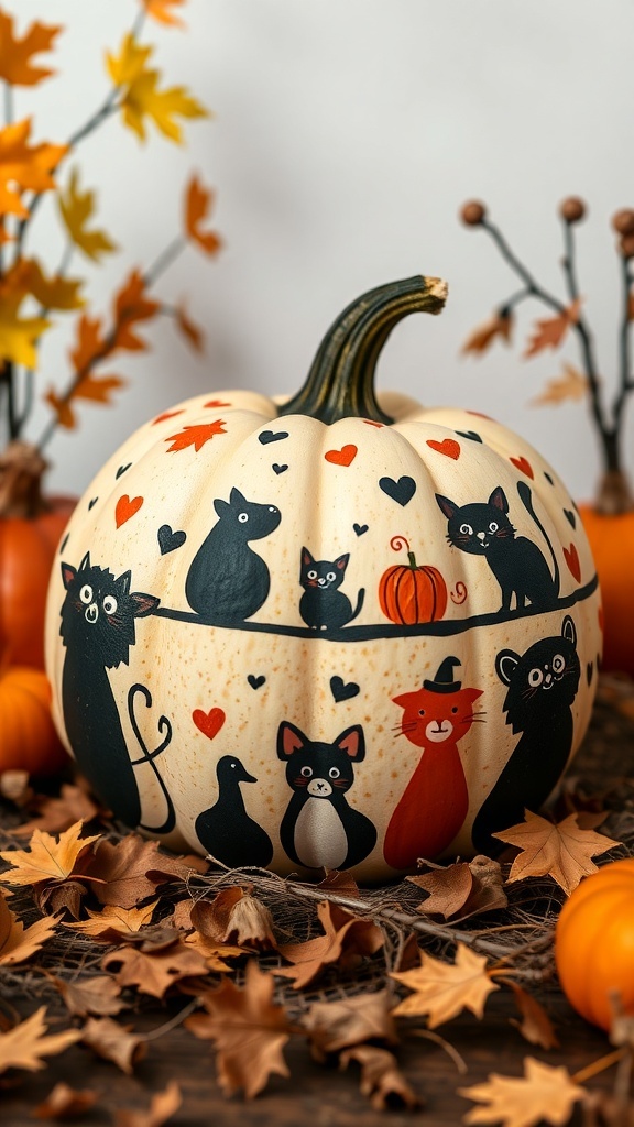 A painted pumpkin featuring various animal faces and silhouettes, surrounded by autumn leaves.
