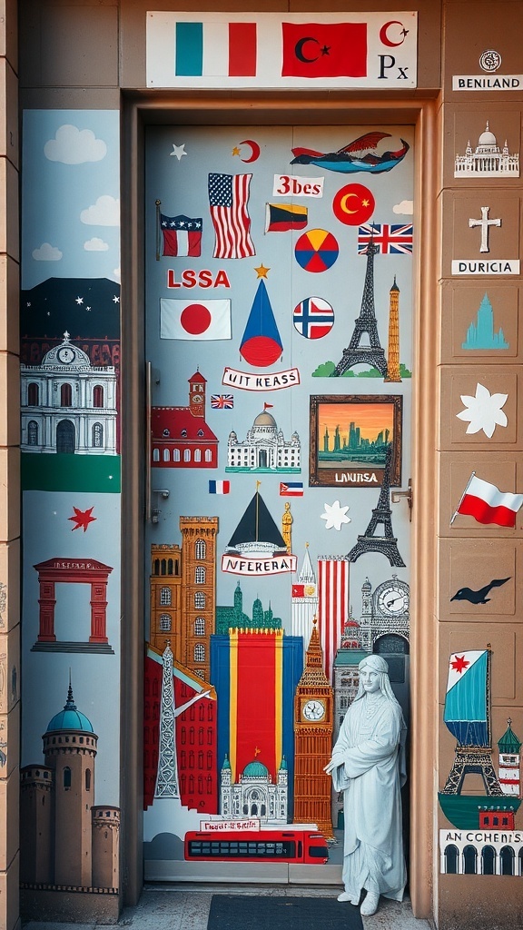 A colorful door decorated with world flags and famous landmarks from various countries.