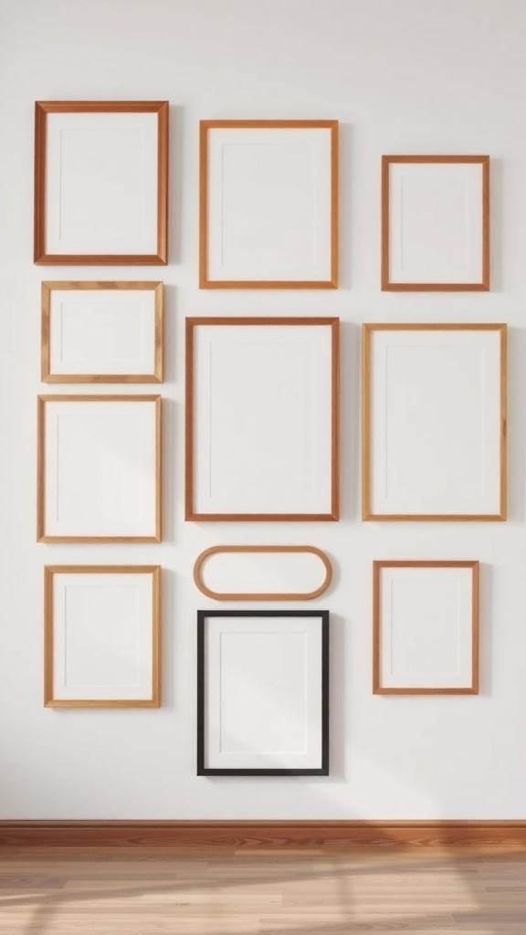 Gallery wall with different wooden frames arranged for balance