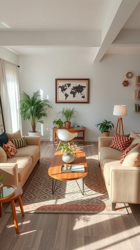 Bright small living room with plants and modern furniture.