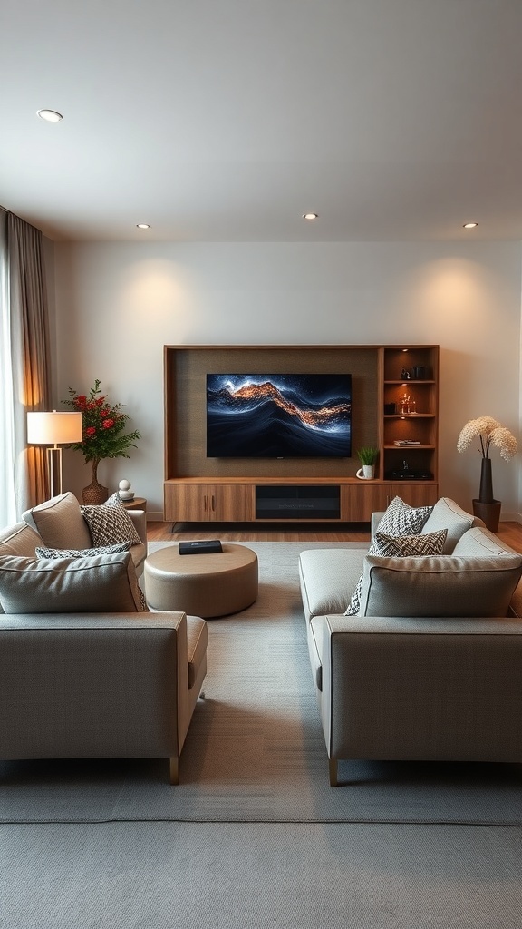 Cozy living room with sectional sofa arranged for TV viewing